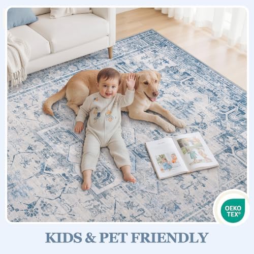 6x9 Washable Area Rugs for Living Room Blue Grey Non-Slip Rug