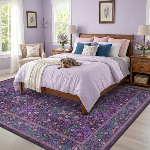 Machine Washable Dark Plum Purple Area Rug 8x10 Vintage Botanical Pattern