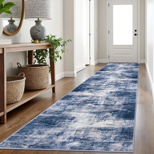 IOHOUZE Abstract Runner Rug 3x16 Ft Washable Runners for Hallways, Non Slip Kitchen Runner Printed Faux Wool Entryway Runner Indoor, Modern Abstract Floor Carpet for Hall Stair, Navy/Grey