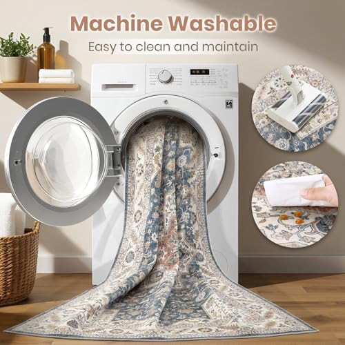 cotiled 5x8 Area Rug for Living Room, Washable, Traditional, Vintage Blue