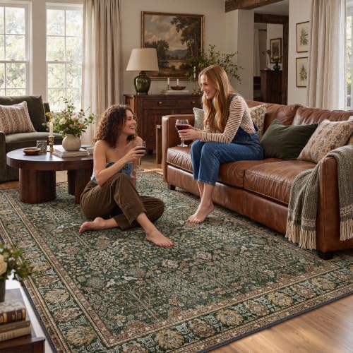 Bavni 5x7 Washable Area Rug for Living Room, Non Slip, Dark Green Brown
