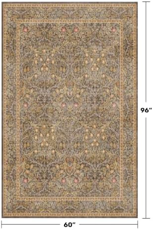 Washable Brown Oriental 5x8 Area Rug for Living Room, Dining Room, Low Pile Non-Slip Floor Carpet for Bedroom - Vintage Floral Design & Stain Resistance