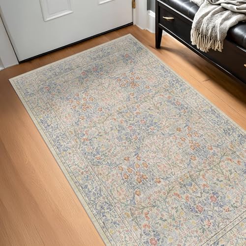 Washable 3x5 Bedroom Bedside Rug, Soft Area Rug for Large Kitchen, Entryway Indoor - Ultra Soft Vintage Floral Beige Blue Decor Non-Slip Low Pile Stain Resistance