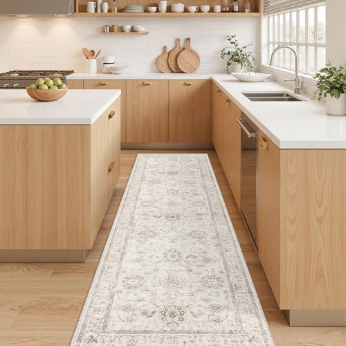 Madane Washable Runner Rug 2x6, Soft Kitchen Hallway Rug Brown/Ivory