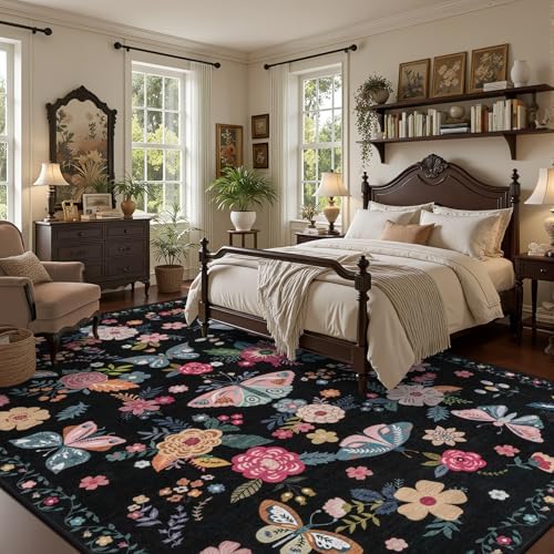 10x14 Area Rug Living Room: Soft Floral Washable Carpet Black