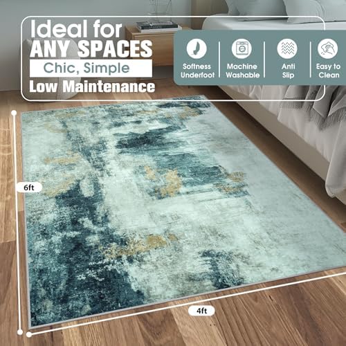 4x6 Area Rugs for Living Room Washable Bedroom Dining Room Teal Grey Gold