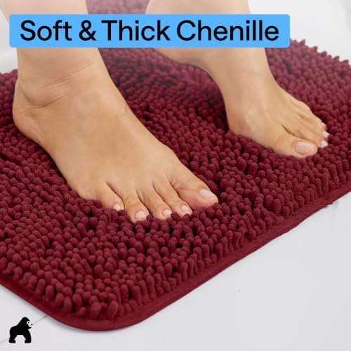 GORILLA GRIP Bath Rug Mat for Bathroom, Absorbent Chenille, 48x24 Burgundy