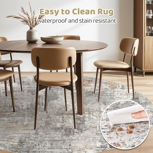 LOONGRUG Round Rug 8x8 Washable Large Neutral Modern Circle Rugs Grey Rust