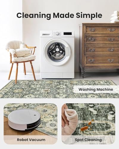Amada 5x7 Washable Area Rug for Living Room, Green/Brown, Vintage Pattern
