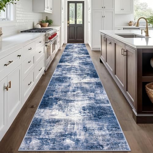 IOHOUZE Abstract Runner Rug 3x20 Ft Extra Long Washable Runners for Hallways, Non Slip Kitchen Runner Printed Faux Wool Entryway Runner Indoor, Modern Abstract Floor Carpet for Hall Stair, Navy/Grey