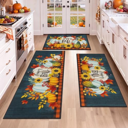 HEBE Fall Kitchen Rugs Set of 3, Washable Pumpkin Kitchen Mats for Floor