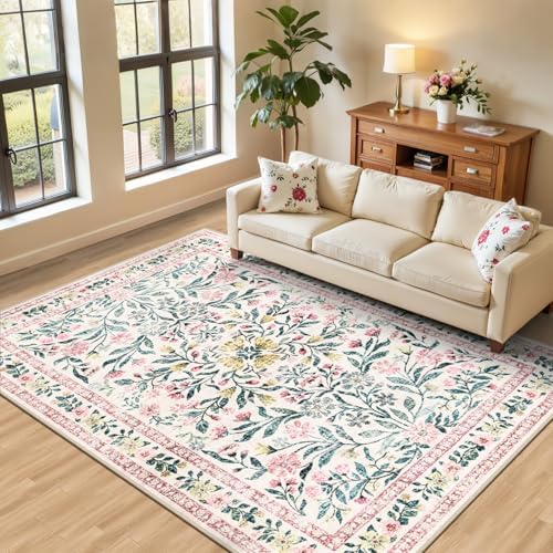 PLHXFR Area Rug Living Room: 5x7 Floral Washable Boho Carpet Pink Green