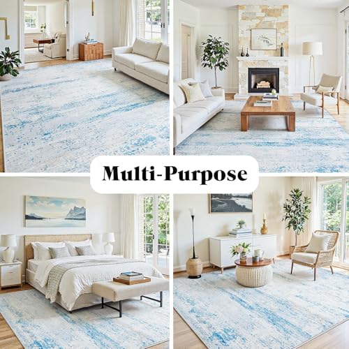 9x12 Washable Area Rug for Living Room Bedroom: Non-Slip Modern Light Blue