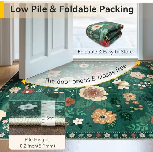 RELEANY Floral Washable 9x12 Area Rugs DarkGreen