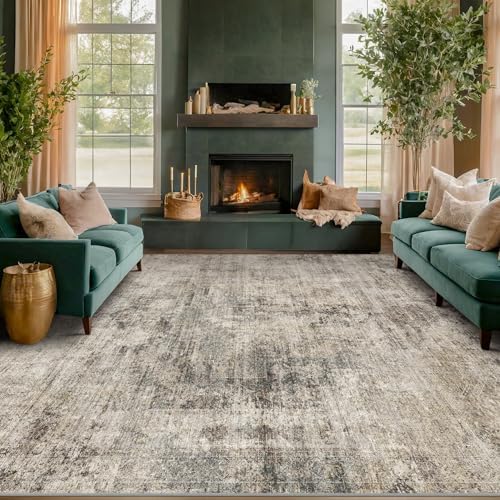 Hazo Haus Farmhouse Taupe 8x12 Area Rug for Living Room, Abstract Medallion Rug for Bedroom & Dining Room, Washable Non-Slip, Fade and Stain Resistant, Distressed Design