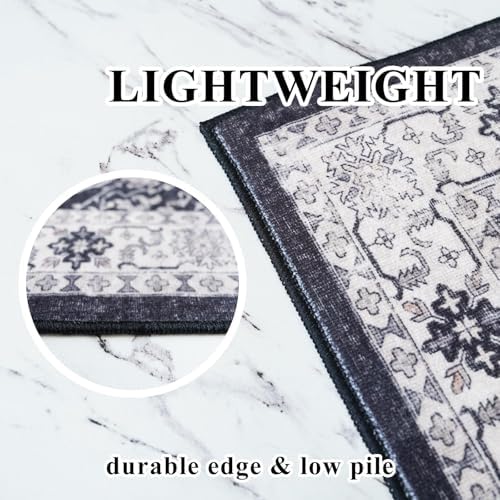 Entryway 2x4 Washable Area Rug: Oriental Stain Resistant Kitchen Runner Rugs Farmhouse Ultra Soft Bathroom Bedroom Print Floor Mat Thin Non Slip Indoor Carpet for Living Room Laudry Room(2x4,Black)