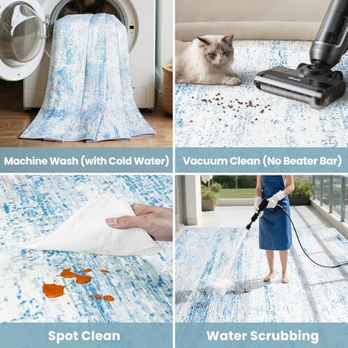 9x12 Washable Area Rug for Living Room Bedroom: Non-Slip Modern Light Blue
