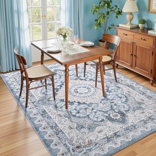 Macgace Washable Vintage Area Rug for Living Room, 6x9 Rugs Blue & Beige