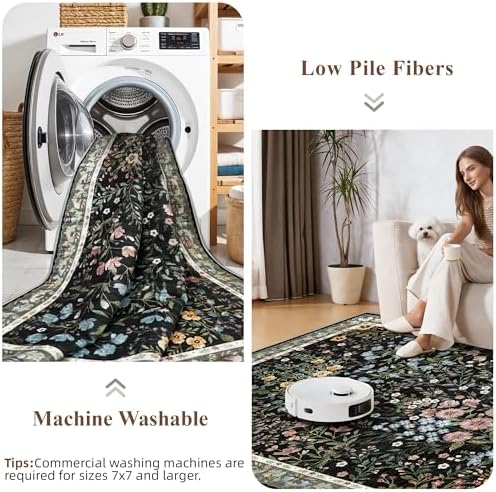 5x6 Washable Entryway Area Rug: Non Slip Floral Washable Entry Rug Living Room Area Rug for Indoor Floor Kitchen Bedroom - Soft Thin Door Mat Carpet Boho Vintage Home Decor (5'x6', Black)