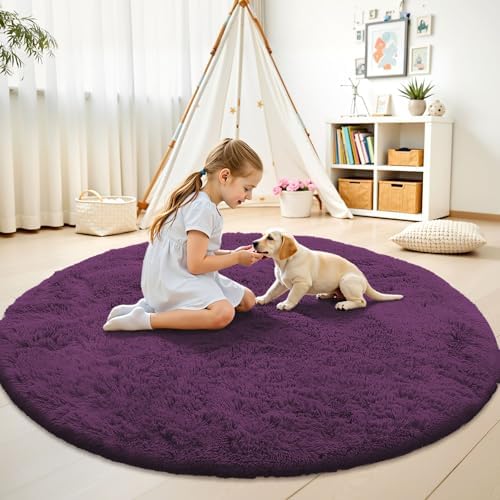 OLANLY Dark Purple Round Rugs for Bedroom - Machine Washable, 9 ft Circle Area Rugs for Living Room, Soft and Fluffy Shaggy Carpet for Teen Girl and Boys, Nursery Rooms, Dorms, Home Decor Aesthetic