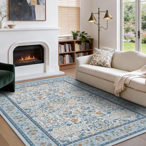 Amada Floral Washable Area Rug,5'x7',Light Blue