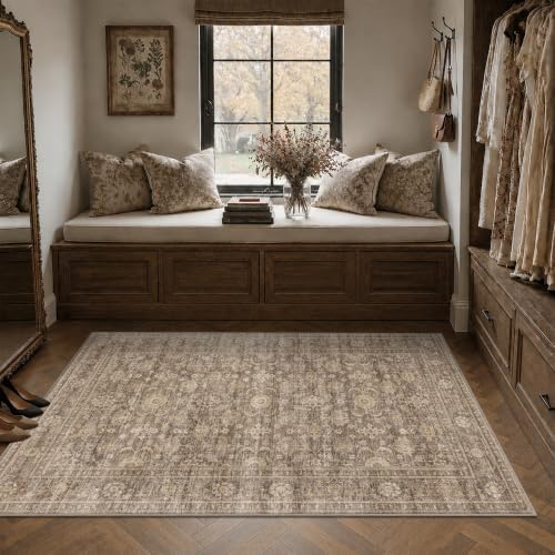 JOOJA 3x5 Neutral Tan Vintage Washable Area Rug Non Slip Moody Entryway Rug