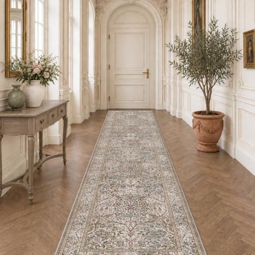 Boho Moss 3x16 Extra Long Runner Rug for Hallway, Washable Non Slip Kitchen Floor Rugs, Hall Way, Ultra Soft Stain Resistant Low Pile Vintage Floral Carpet