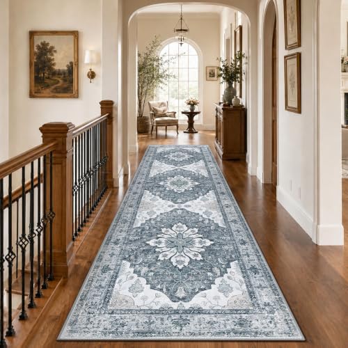 RELEANY Washable Area Rug, Runner 3'x9', Grey/White/Beige