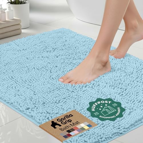GORILLA GRIP Bath Rug Mat for Bathroom, Absorbent Chenille, 60x24 Sky Blue