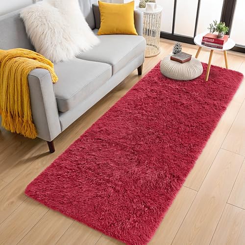 OLANLY 2x6 Machine Washable Runner Rugs for Hallway, Soft Fluffy Shaggy Bedside Rugs for Bedroom, Living Room, Indoor Floor Carpet for Kids Girls and Boys, Nursery Rooms, Home Decor Aesthetic, Red