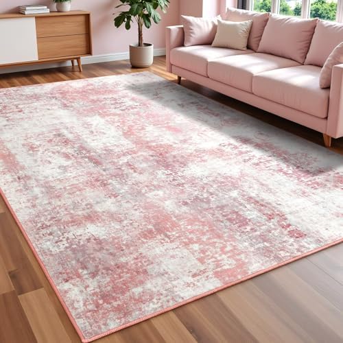 Macgace Washable Abstract Area Rug for Living Room, Modern 6x9 Rugs Pink