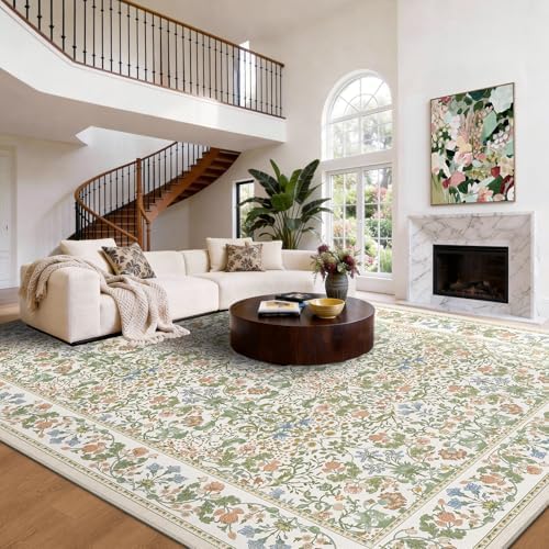 Amada Floral Washable Area Rug,8'x10',Light Beige