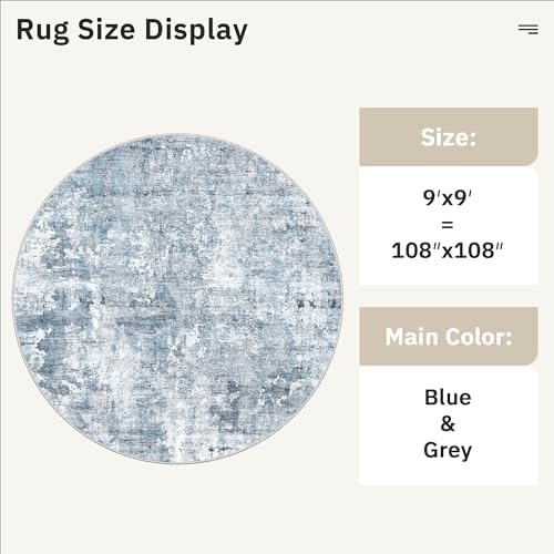 Soalmost Round Rugs 9ft Living Room Circle Area Rug 9x9 Blue/Grey Vintage