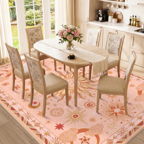 Vacuum-Friendly, 9x12 Washable Area Rug, Pink Gold Beige Red