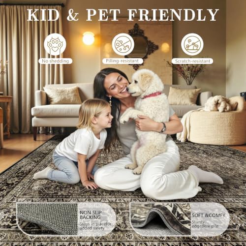 10x14 Area Rugs for Living Room - Washable Vintage Retro Large Rug, Soft Ultra Thin Non Slip Low Pile Traditional Distressed Boho Carpet for Bedroom Dining Room Home Office, Brown