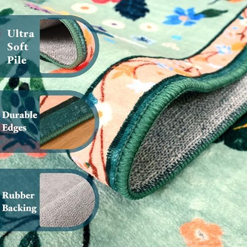 Macgace Floral Area Rug for Kitchen, Washable 2x6 Light Green Runner Rugs