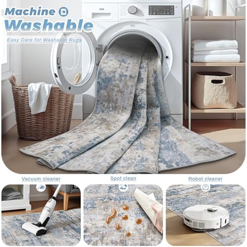 pmtsns Area Rugs 10x14 Living Room: Washable Rug Modern Abstract Neutral Soft Non-Slip Low-Pile Indoor Large Carpet for Bedroom Dining Room Playroom Home Office (Light Blue Brown, 10'x14')