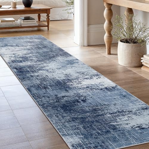 Amada 2'6"x8' Modern Abstract Washable Area Rug for Entryway Dark Blue