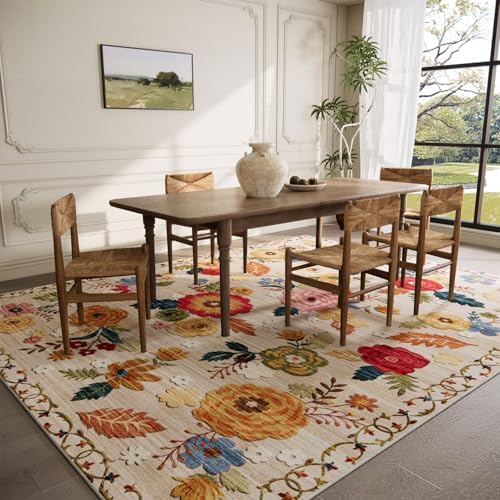 10x12 Area Rugs for Living Room: Large Washable Rug Non Slip Low Pile Soft Faux Wool Non Shedding Lightweight Distressed Vintage Floral Carpet for Bedroom Dining Room Kids Playroom Nursery Farmhouse