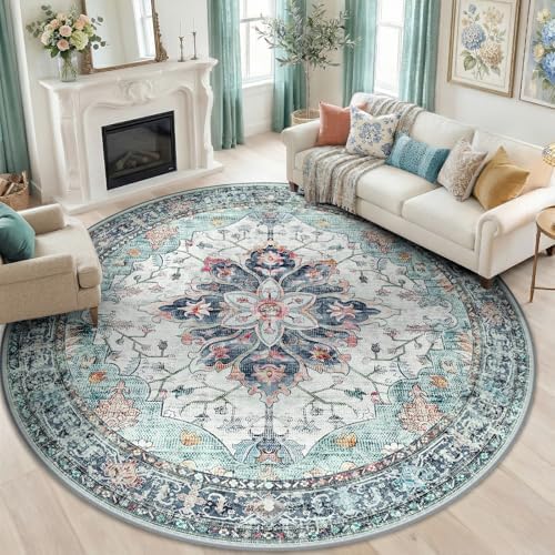 RELEANY Washable Area Rug, Round 8ft, Teal Green/White/Navy