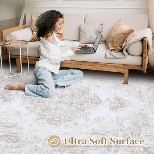 XLUEZ Area Rug 10x14 Living Room Rug, Machine Washable Vintage Distressed Medallion Rug Non-Slip Soft Low Pile Large Indoor Rugs for Bedroom Kitchen Dining Room Office(Beige,10'x14')