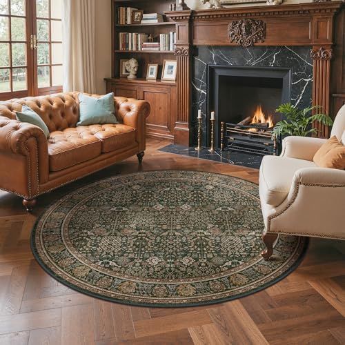 Bavni 6ft Round Area Rug 6x6, Washable Non Slip, Dark Green Brown