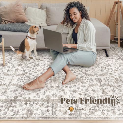 Living Room Rugs 9x12: Washable Moroccan Geometric Boho Rug Farmhouse Non Slip Stain Resistant Large Rug Low Pile Soft Carpet for Bedroom Dining Room Children Room (Grey Floral,9'x12')