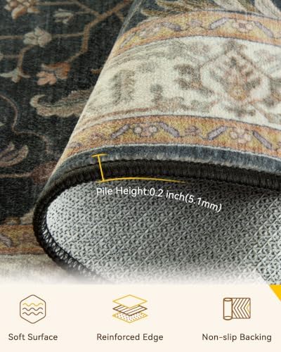 RELEANY Washable Area Rug, Runner 3'x8', Black/Vintage/Beige