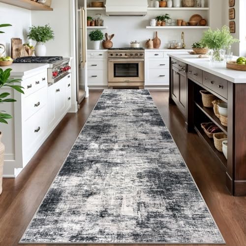 IOHOUZE Abstract Runner Rug 3x14 Ft Washable Runners for Hallways, Non Slip Kitchen Runner Printed Faux Wool Entryway Runner Indoor, Modern Abstract Floor Carpet for Hall Stair, Black Grey