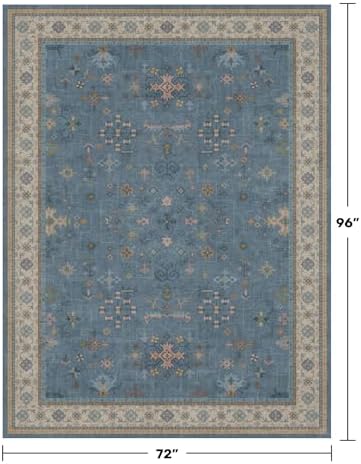 Boho 6x8 Living Room Rugs - Modern Blue Dining Room Rug for Under Table, Lightweight Washable Foldable Low Pile Soft Carpet, Eclectic Floral Bedroom Décor Aesthetic