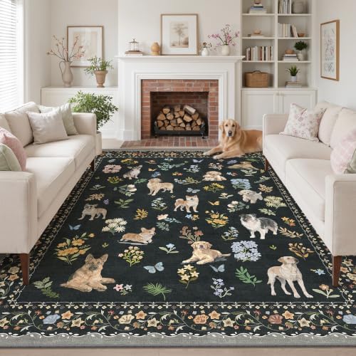 Soalmost Dog 9x12 Area Rugs for Living Room, Washable Animal Soft Rug Black