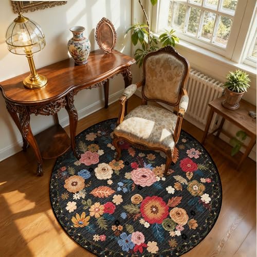 4ft Round Bedroom Rug Washable: Circle Rugs for Living Room Floral Vintage Non Slip Low Pile Soft Faux Wool Non Shedding Small Carpet for Kitchen Entryway Bathroom Bedside Office Farmhouse Entrance