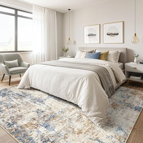 LOONGRUG 4x6 Area Rug Machine Washable Neutral Modern Rugs Blue Tan