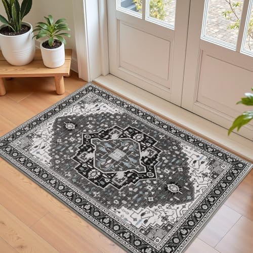 Macgace Washable Vintage Small Area Rug for Entryway, 2x3 Rugs Black Grey
